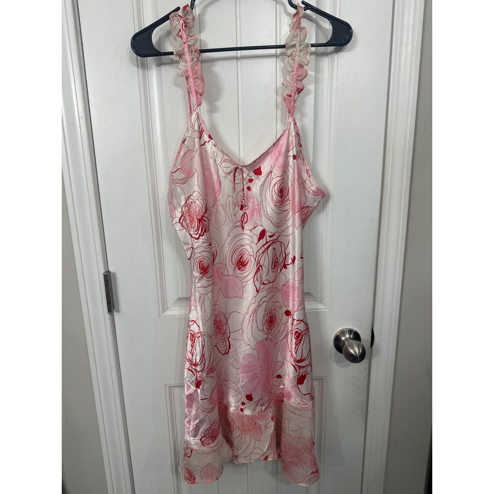 Cato Pink Red Floral Rose Satin Slip Dress Ruffle Sleeve Mesh Flowy Hem